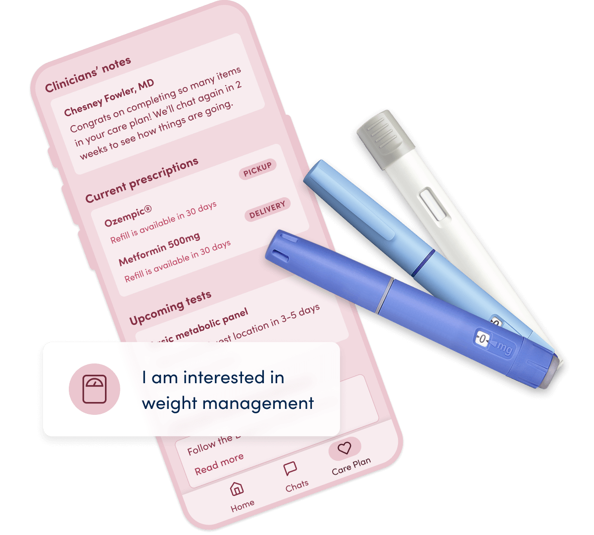 Phone opened to a care plan in the K Health app. 3 different weight loss medication pens are next to it. A box on top of the phone screen says